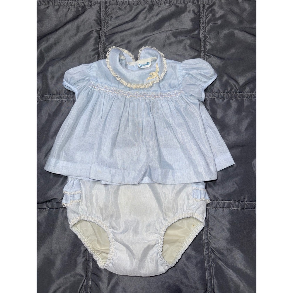 Vintage Nannette Baby Girl Blue Smocked Top and Ruffled Diaper Cover Set